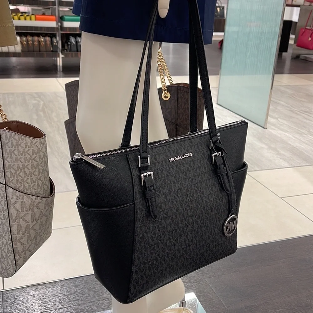 MICHAEL KORS CHARLOTTE LARGE TOP ZIP TOTE BLACK - Picture 8 of 16